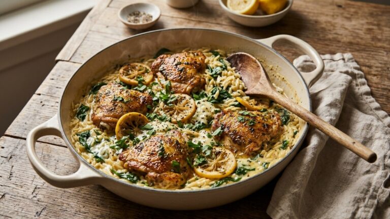 Orzo dinners: creamy lemon herb orzo with golden chicken thighs in a skillet
