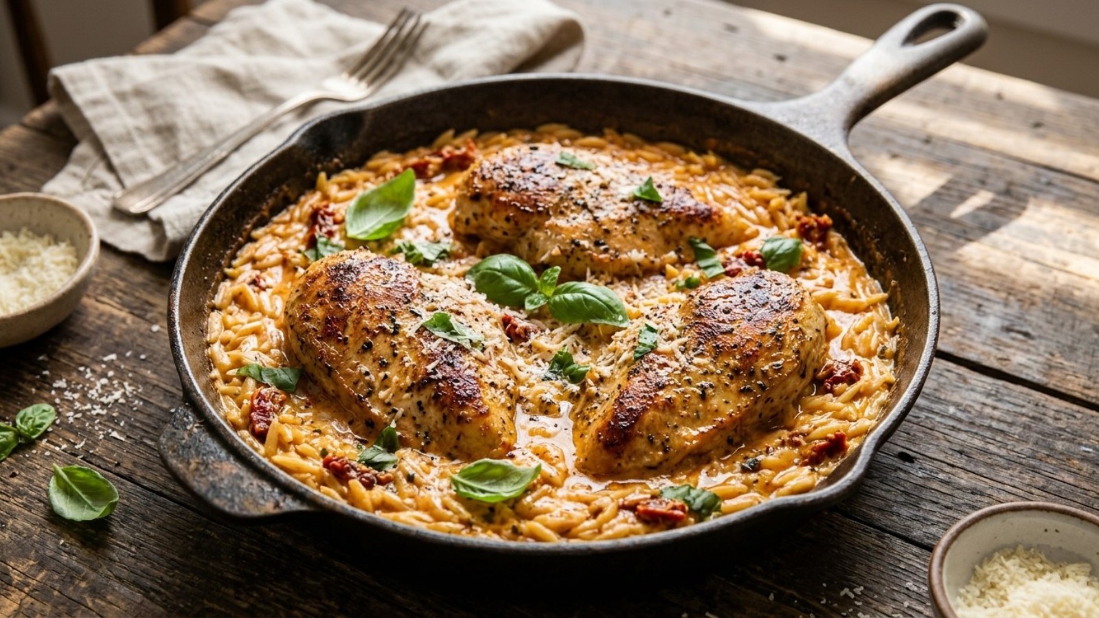 Marry me chicken in creamy sun-dried tomato sauce with basil