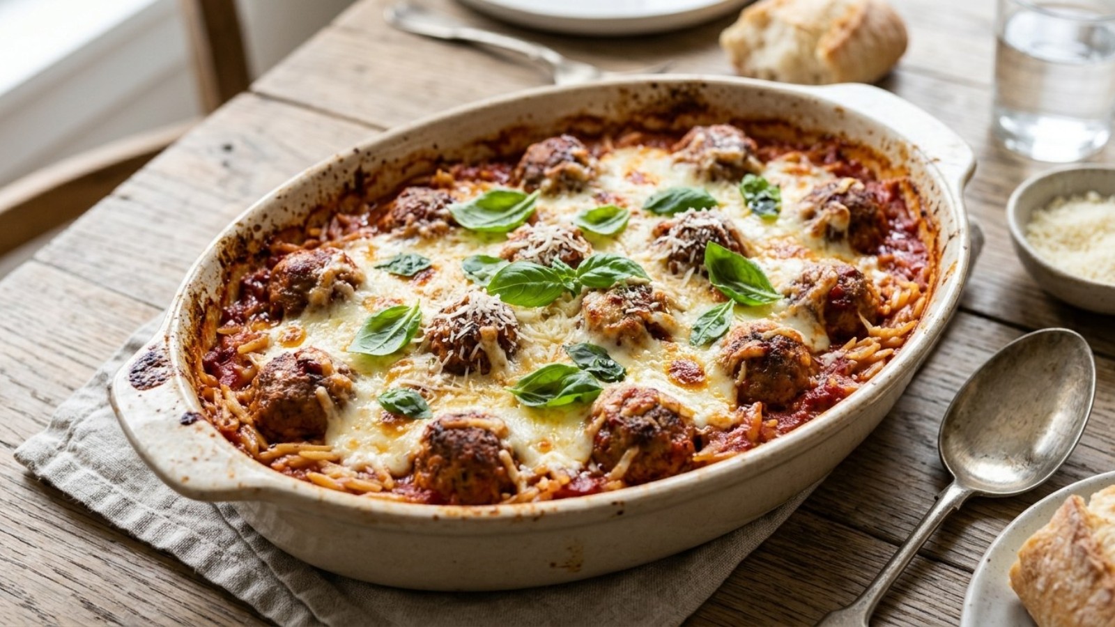 Orzo dinners: baked meatballs and orzo in tomato sauce with melted mozzarella