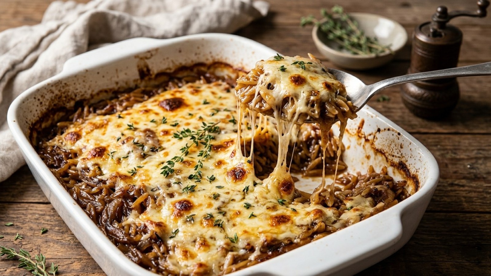 French onion bake with bubbling melted cheese