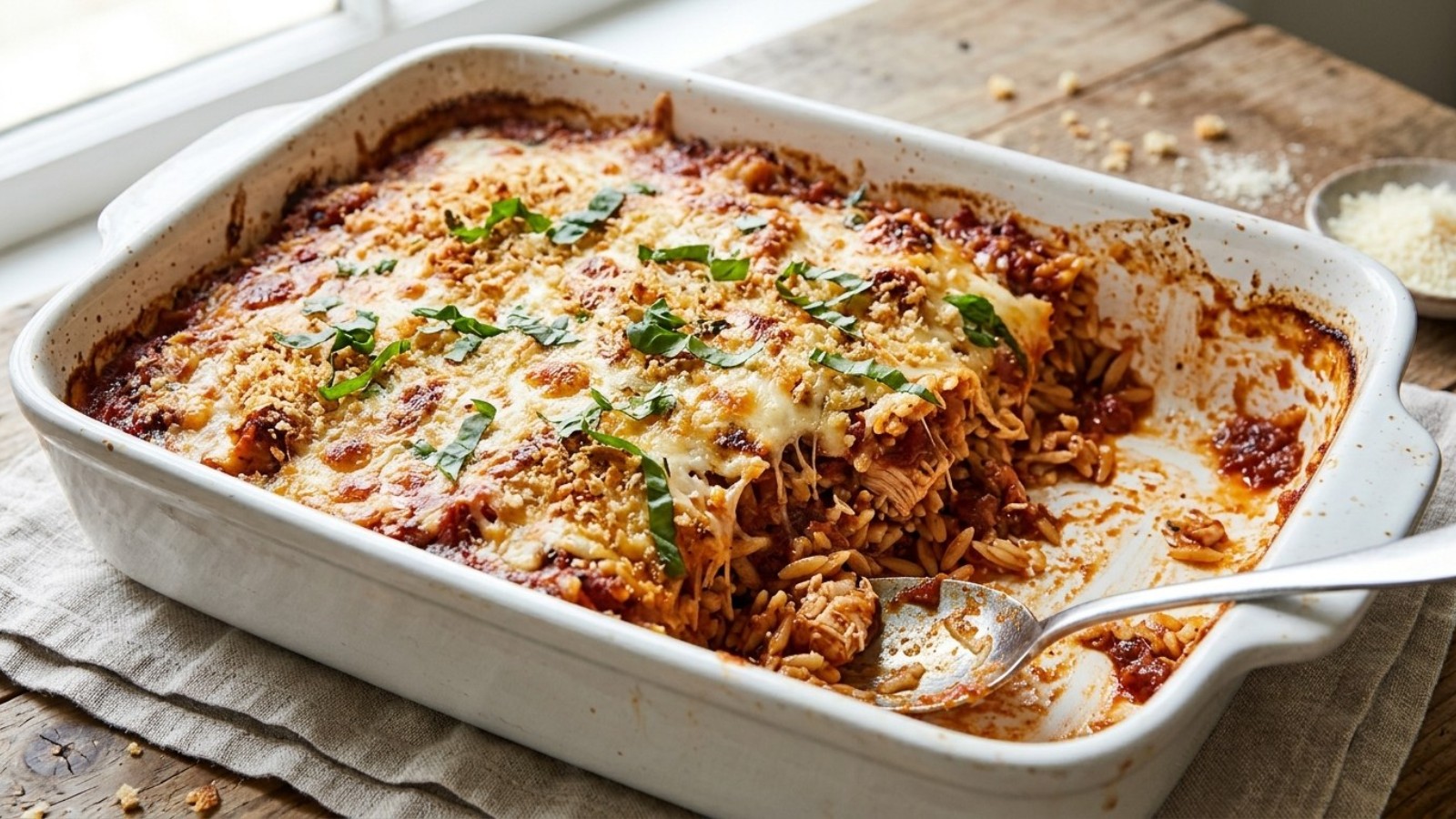 Orzo dinners: chicken Parmesan orzo bake with mozzarella and crispy breadcrumbs