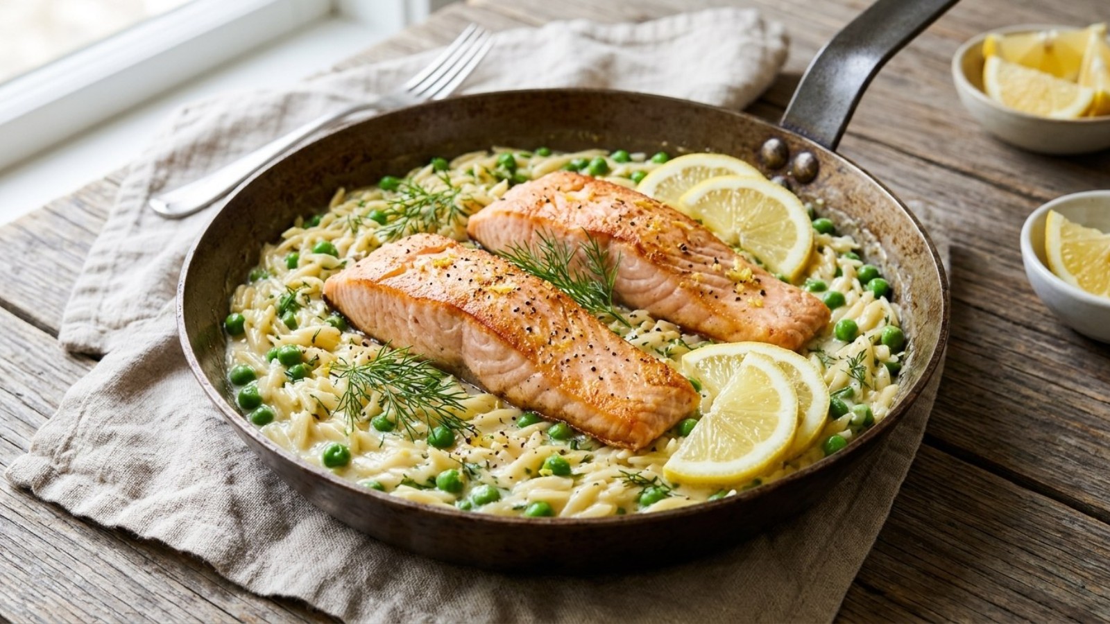 Orzo dinners: creamy lemon orzo with salmon fillets and dill in a pan