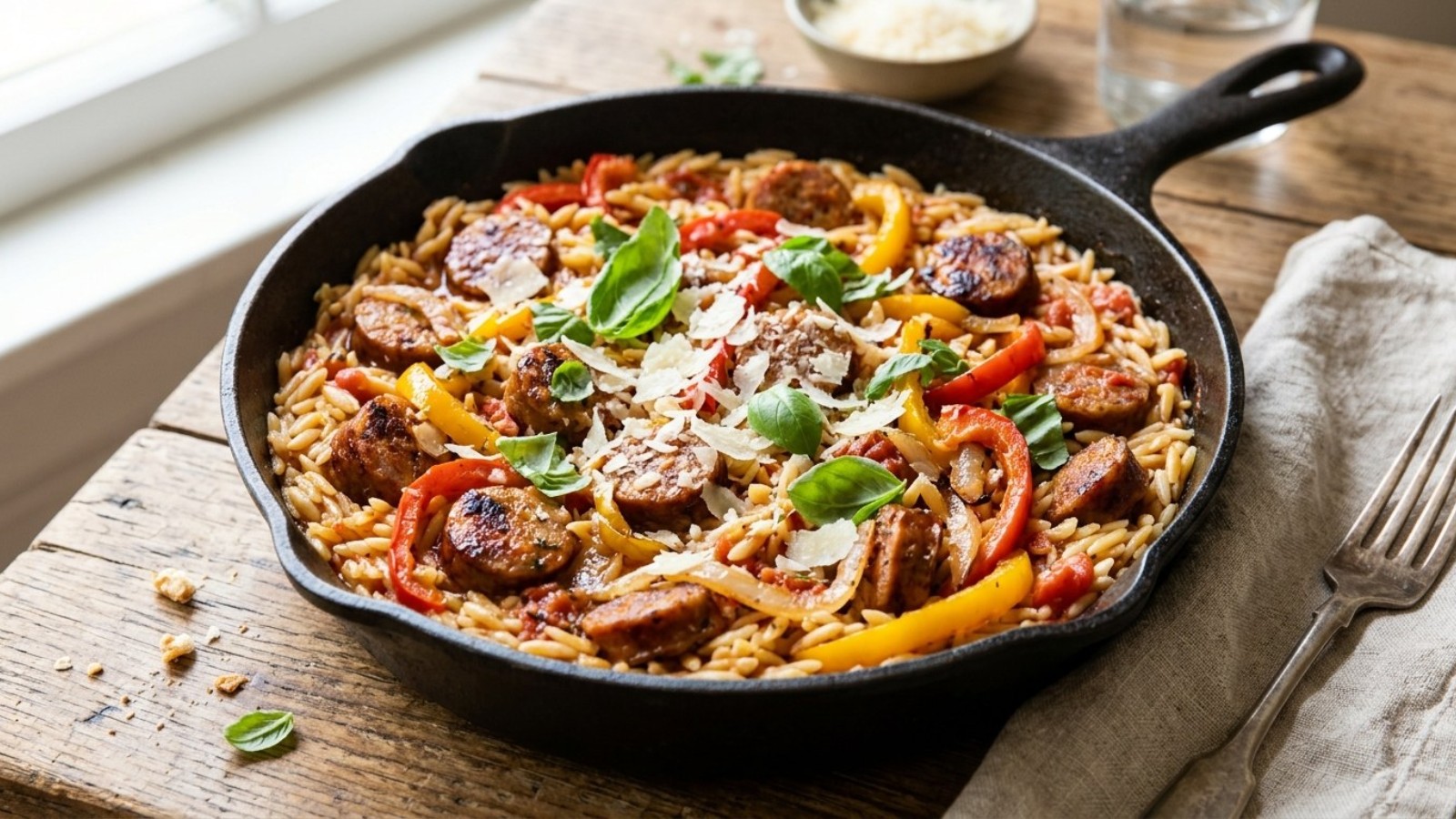 Orzo dinners: sausage, peppers and orzo in a skillet with basil