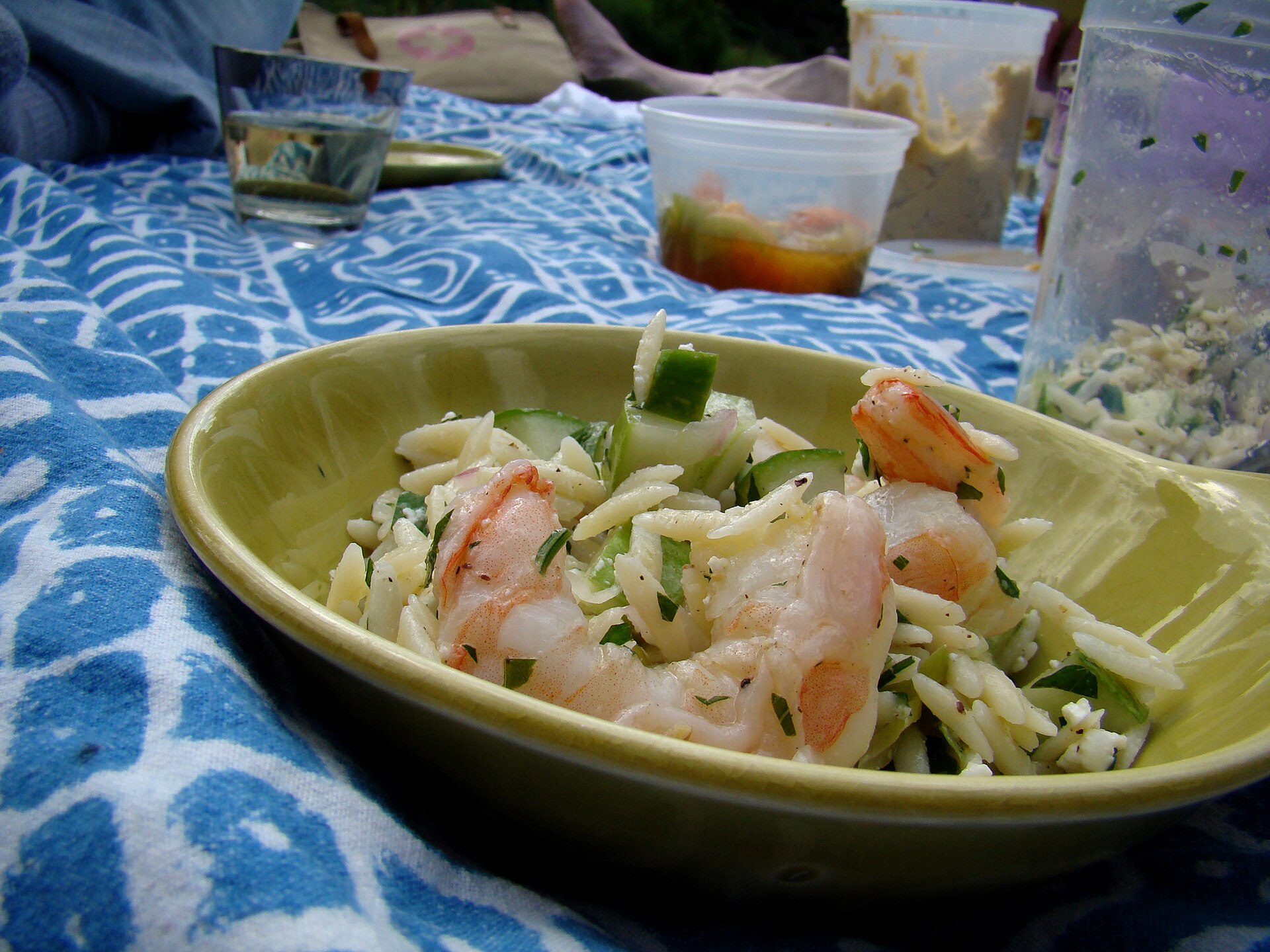 Orzo with shrimp in a bowl