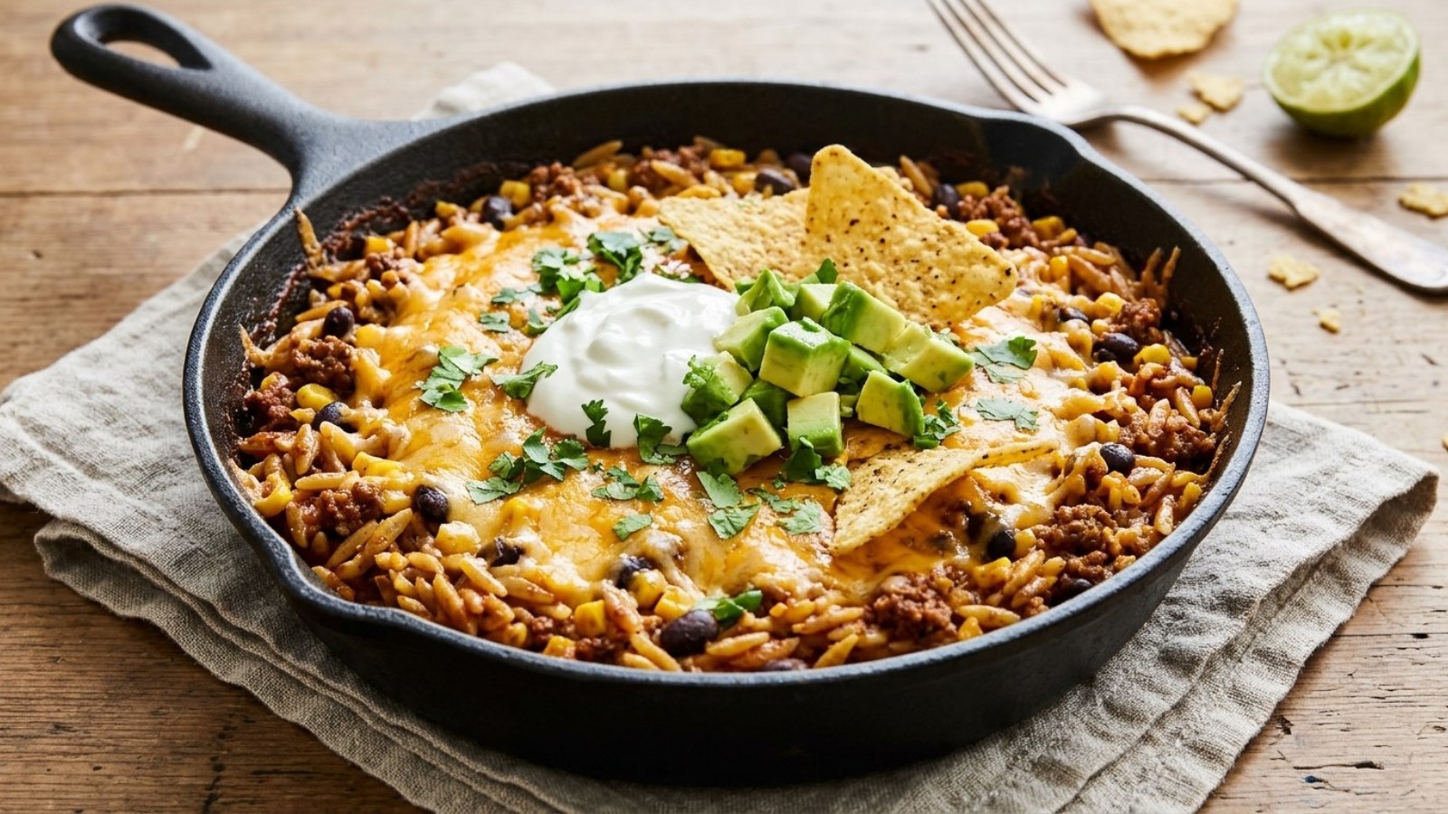 Orzo dinners: taco orzo skillet with ground beef, beans and melted cheddar