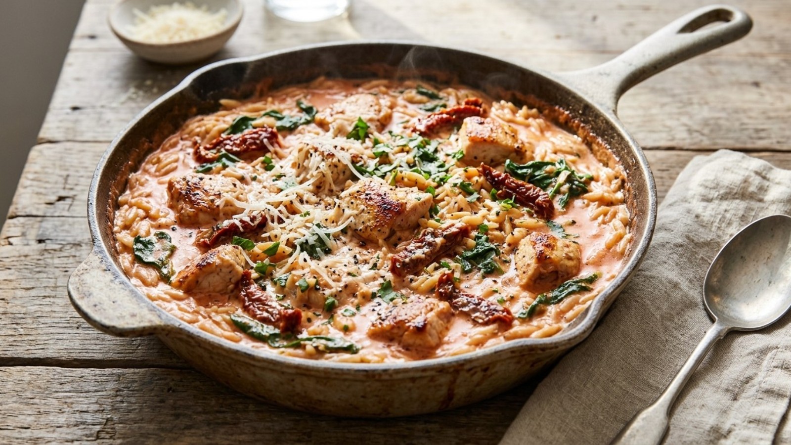 Orzo dinners: Tuscan chicken orzo with sun-dried tomatoes and spinach in a skillet