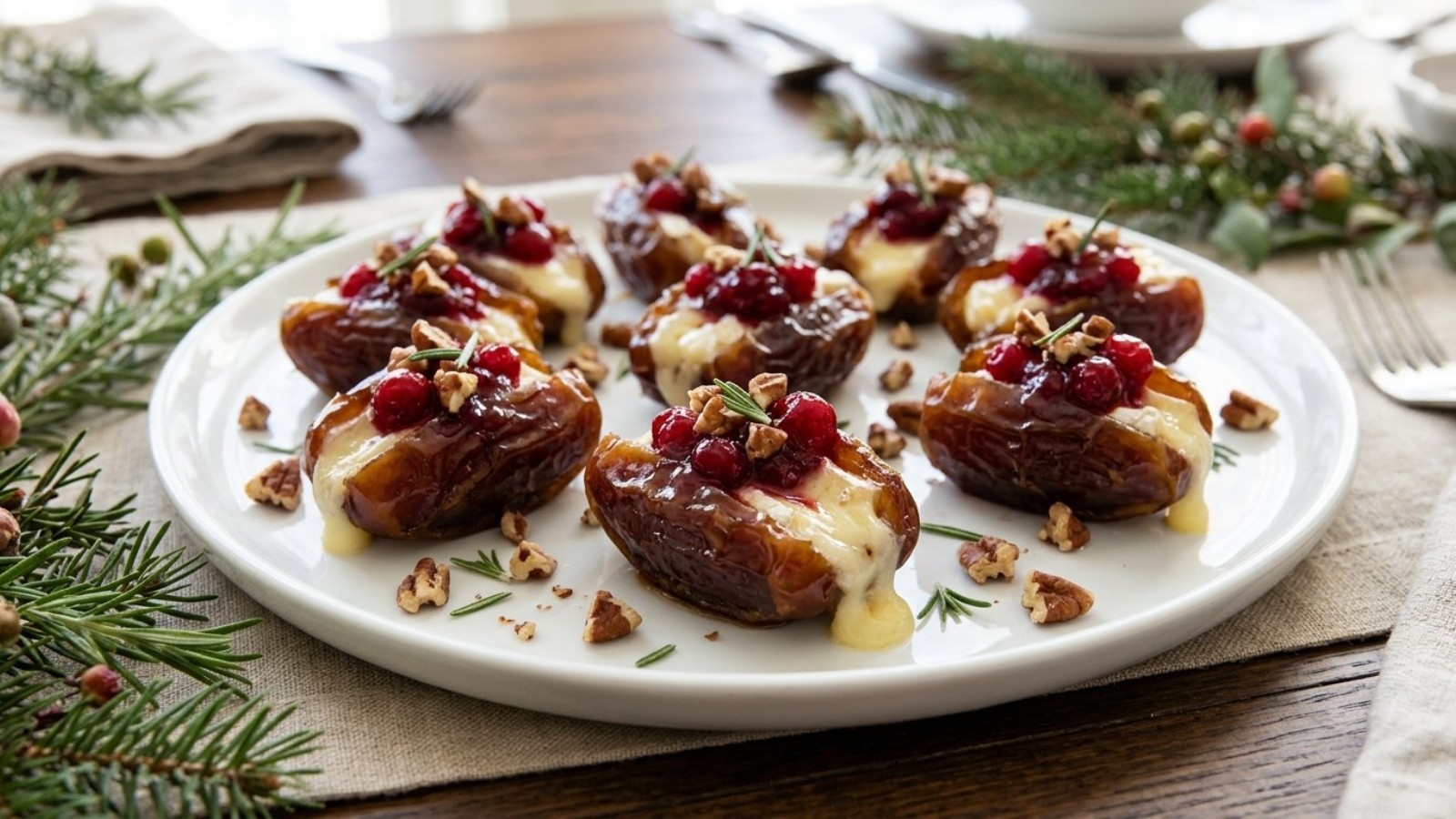 Stuffed dates with melted brie, cranberry sauce and pecans on a festive platter