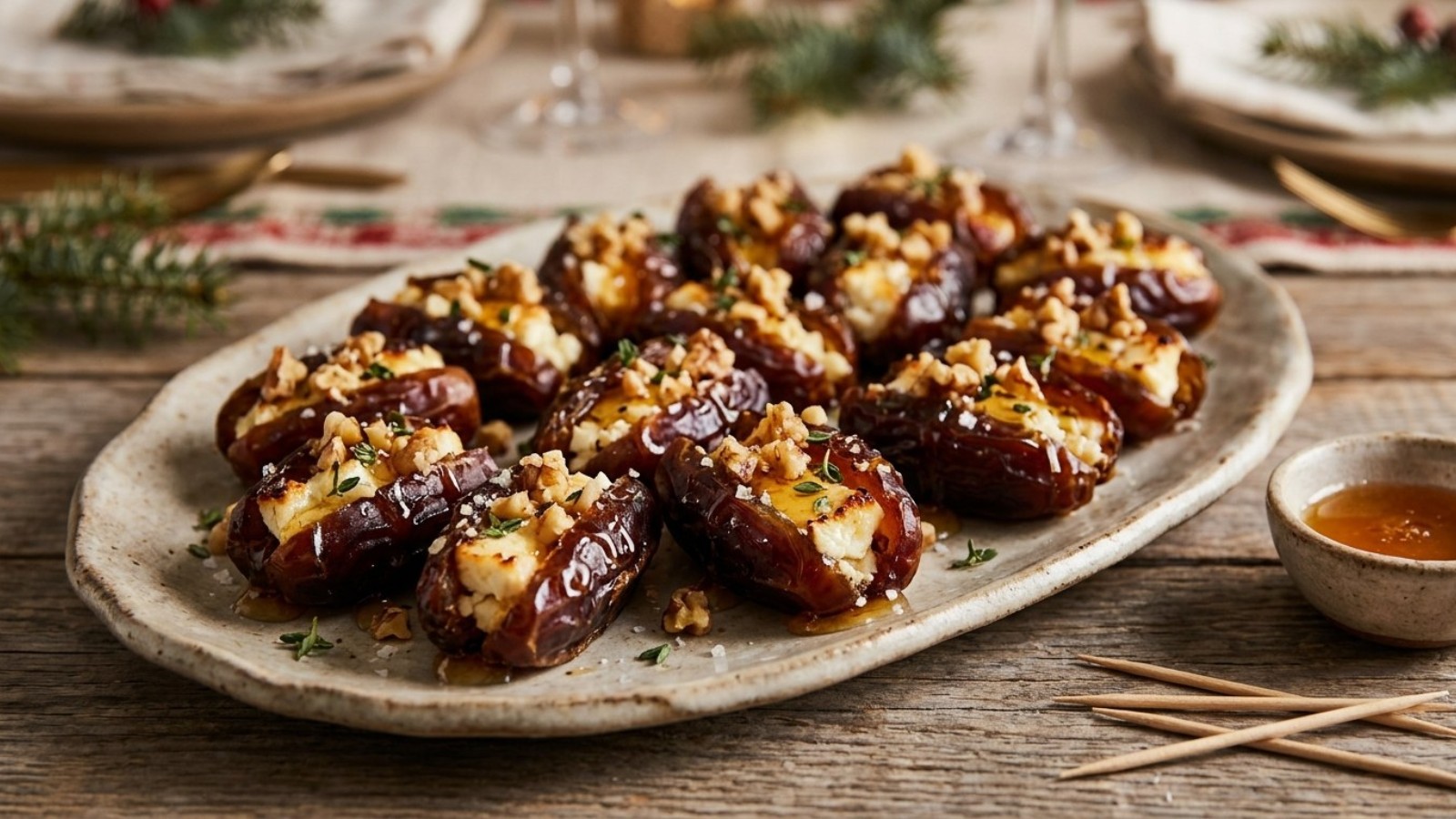 Stuffed dates with melted feta and Parmesan, honey, walnuts and thyme on a platter