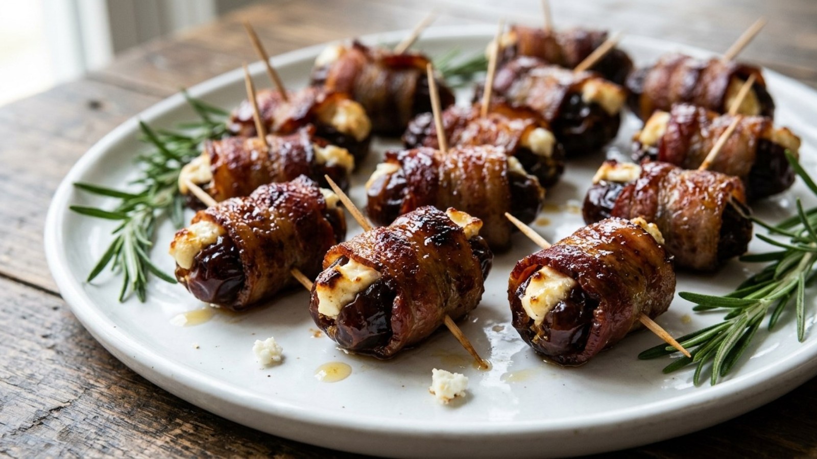 Stuffed dates wrapped in crisp bacon with goat cheese on a white platter