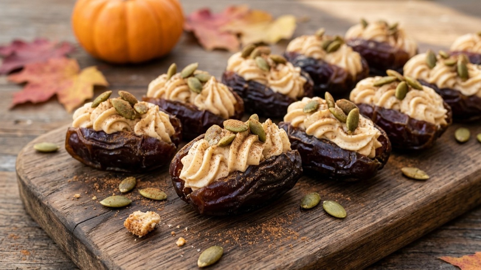 Pumpkin spice cream cheese bites with pepitas on a wooden board