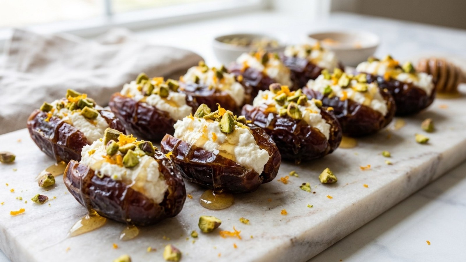 Whipped ricotta, honey and green pistachios piped into sweet bites on marble