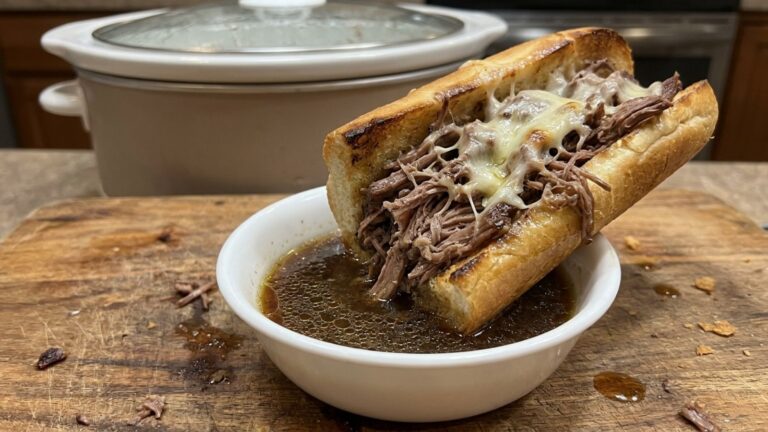 Crockpot sandwiches: French dip on a toasted roll with melted provolone dipped in au jus