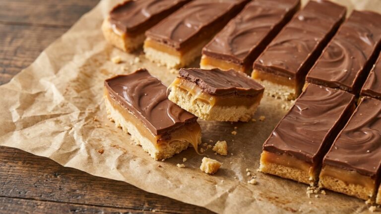 Homemade candy bars with shortbread, caramel and chocolate layers on parchment