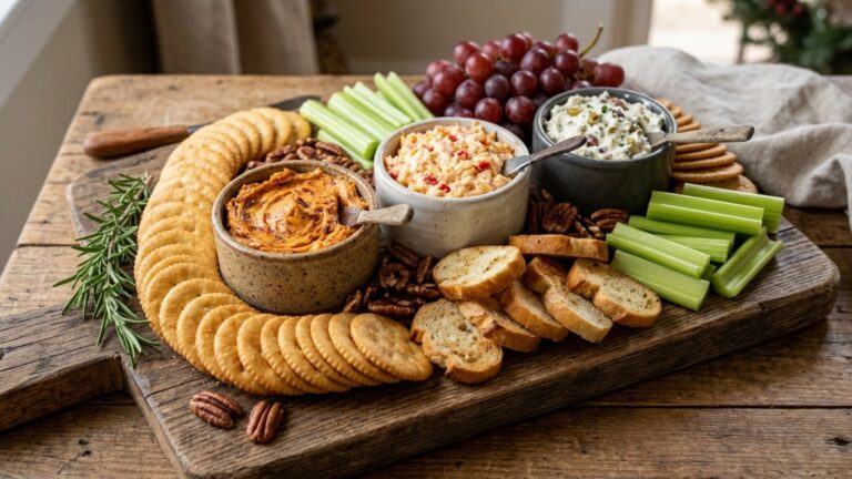 Cheese spreads in three small crocks with crackers, grapes and pecans on a holiday board