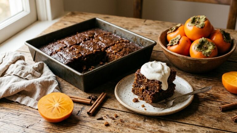 Persimmon recipes: spiced persimmon pudding squares with whipped cream next to a bowl of persimmons