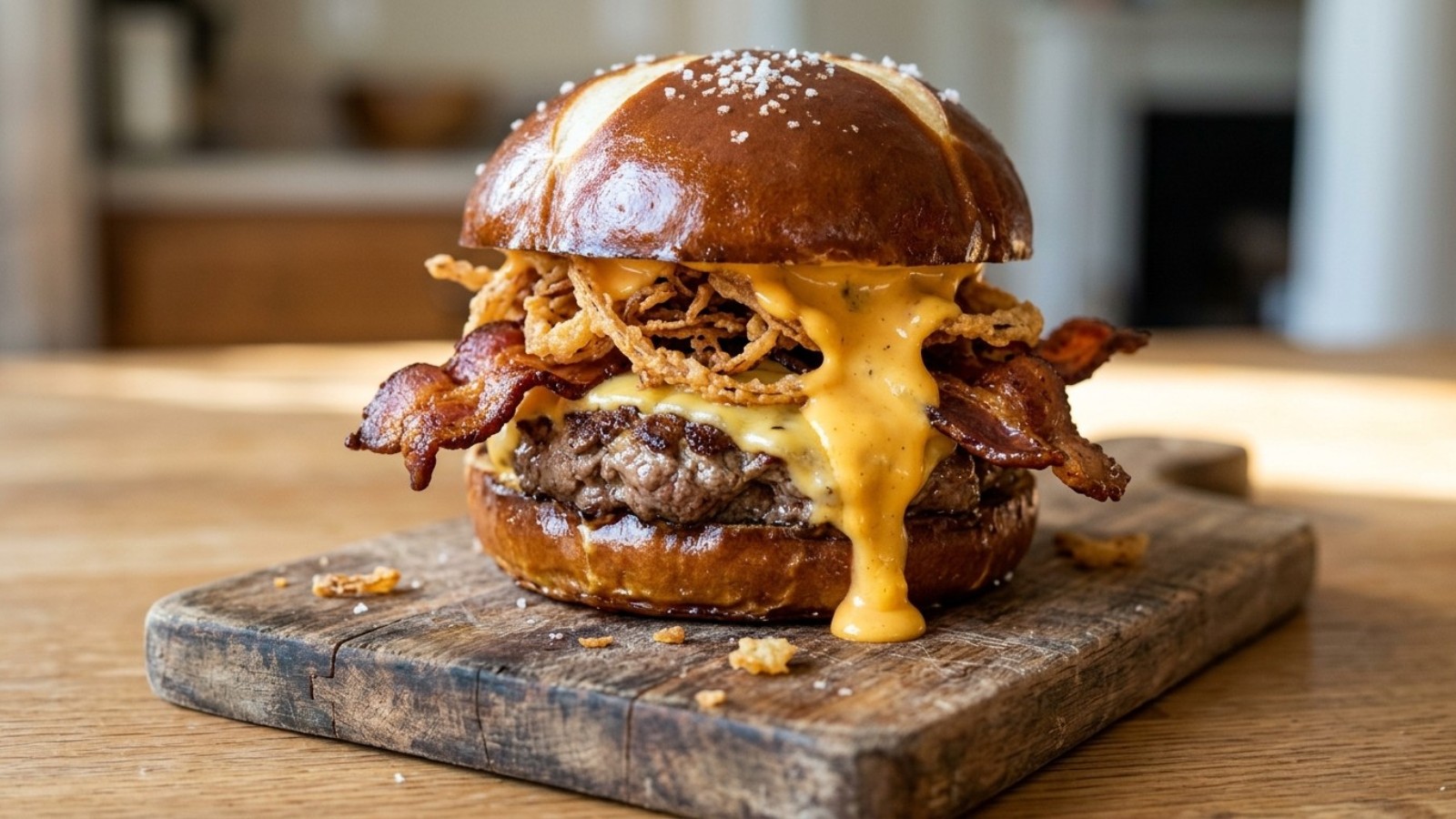 Holiday fast food copycats: bacon cheeseburger on a pretzel bun with nacho cheese sauce