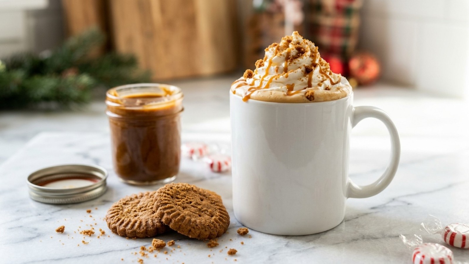 Holiday fast food copycats: homemade cookie butter latte with whipped cream and cookie crumbs