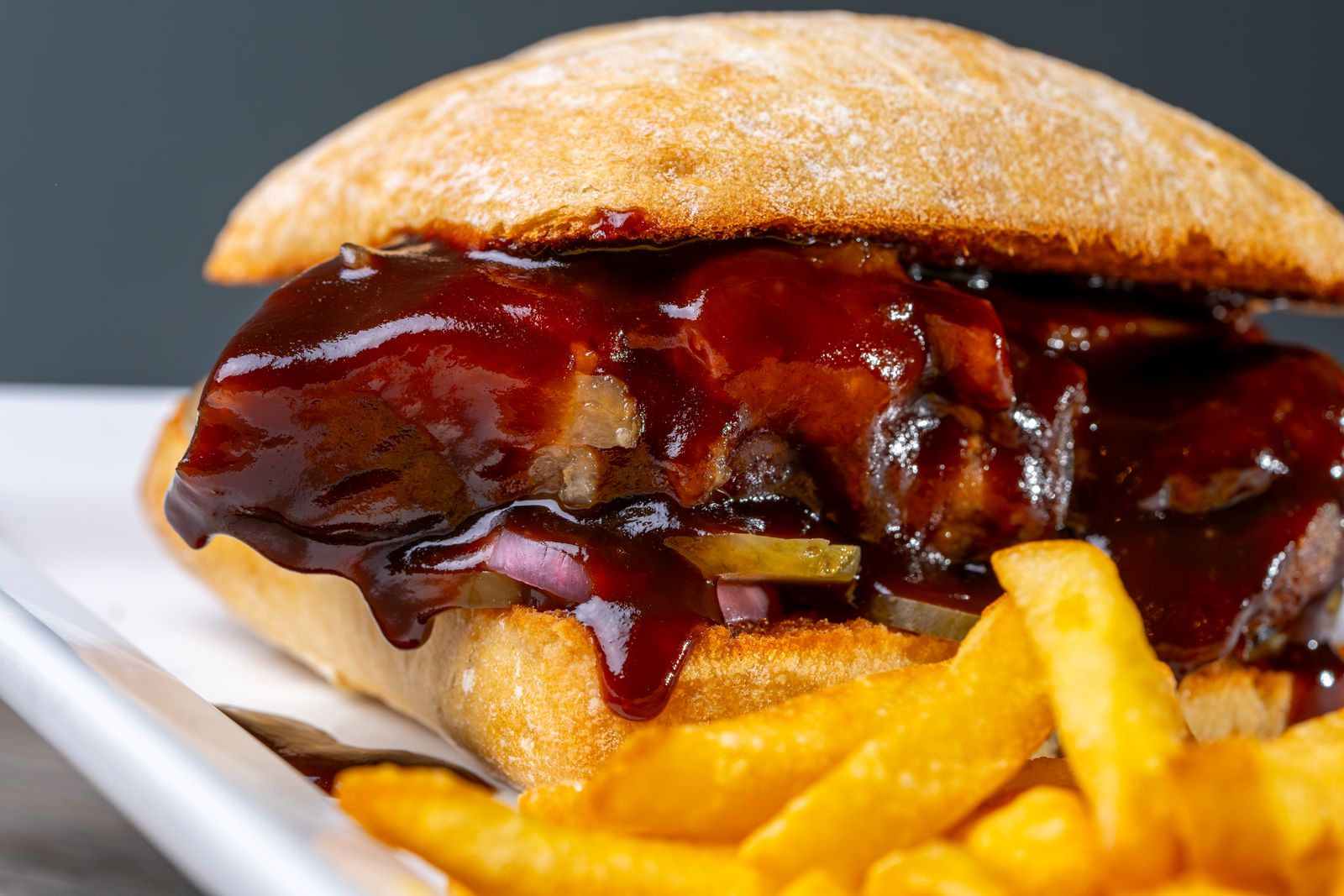 Holiday fast food copycats: glossy BBQ pork sandwich with fries