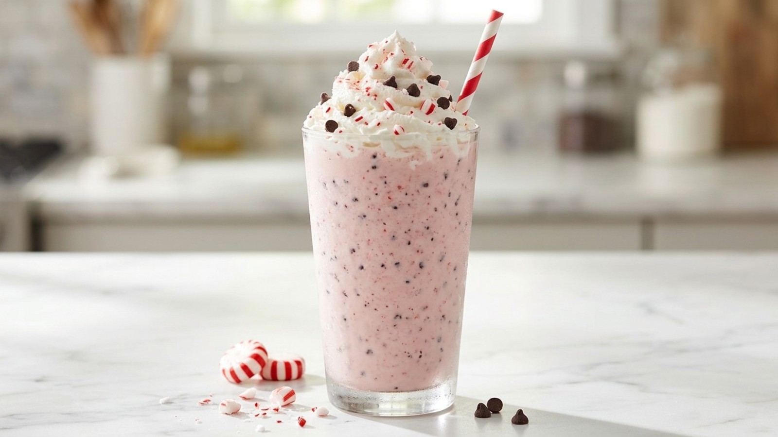 Peppermint chocolate chip milkshake with whipped cream and crushed candy cane