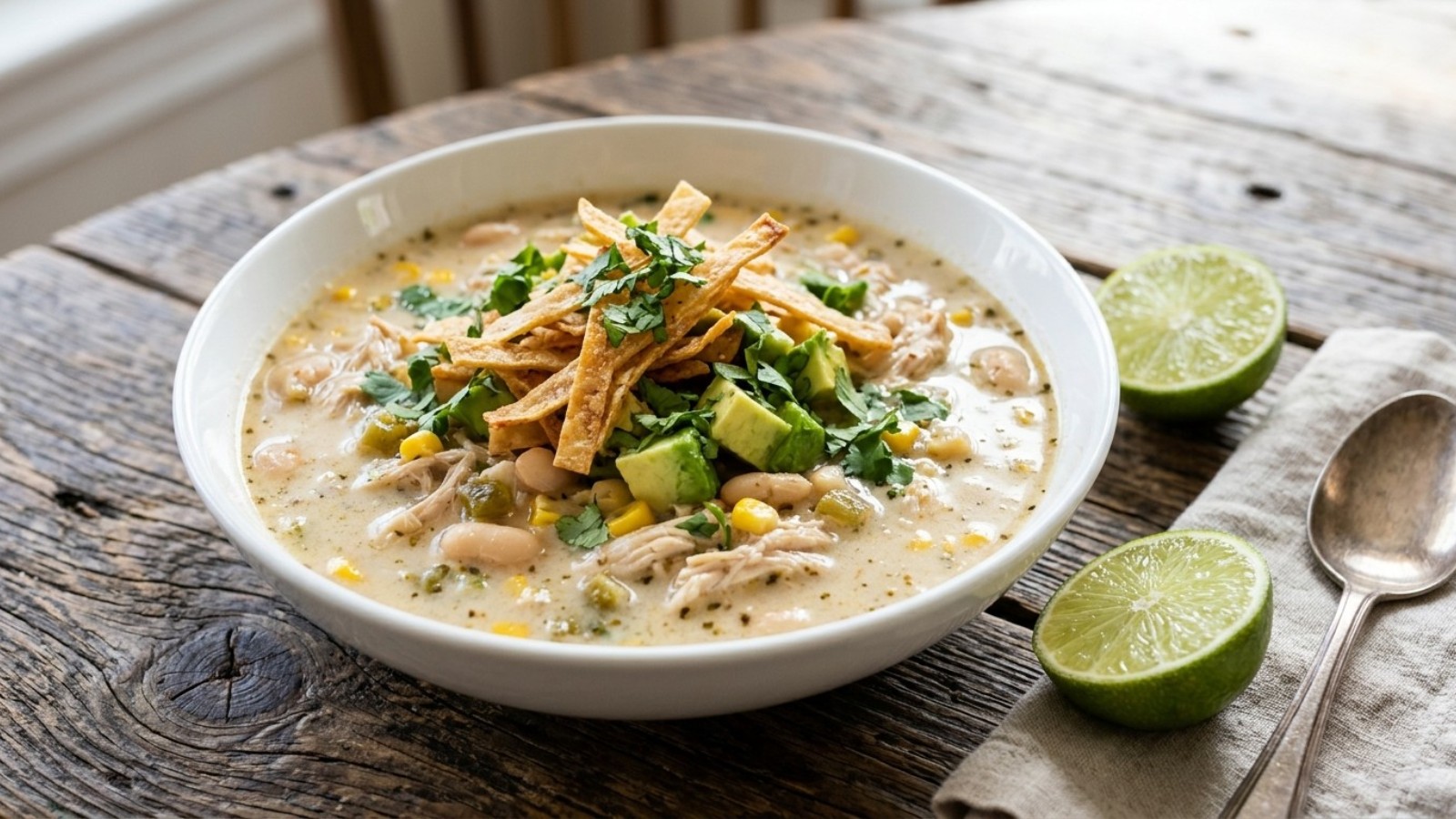 Creamy chicken tortilla soup with tortilla strips, avocado and lime