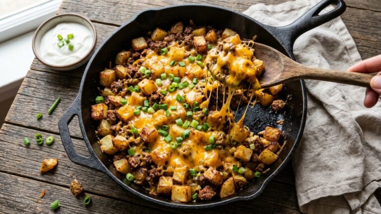 Cheesy ground beef and potatoes skillet with green onions and sour cream