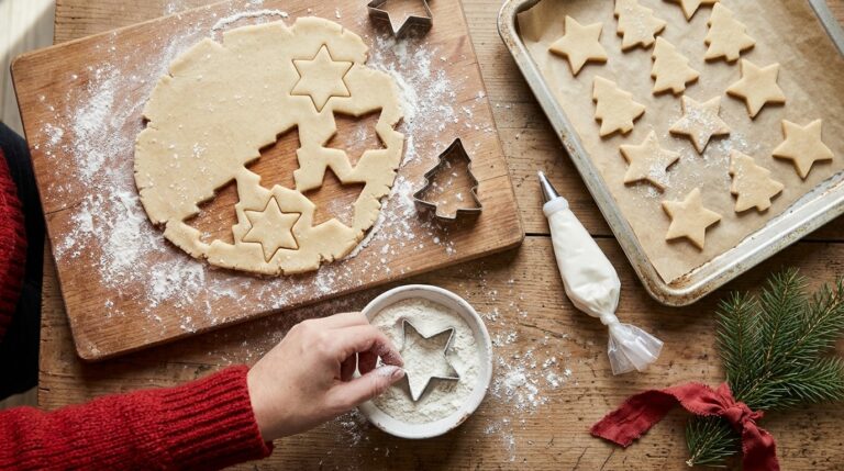 Christmas baking hacks: metal star and tree cookie cutters dipped in flour next to rolled sugar cookie dough