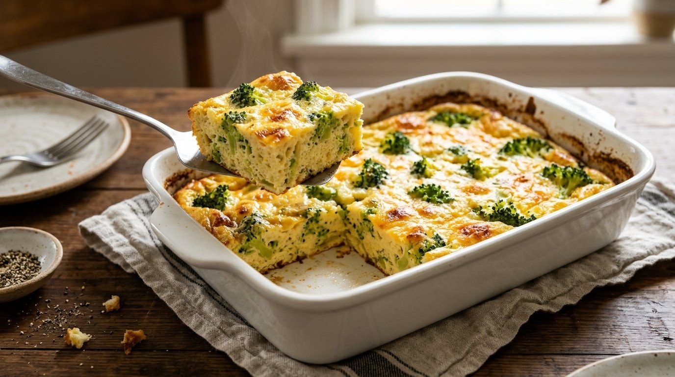 Broccoli cheddar egg bake cut into squares