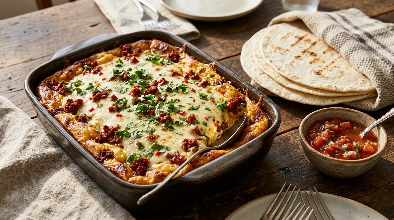 Chorizo and green chile egg casserole with salsa and tortillas