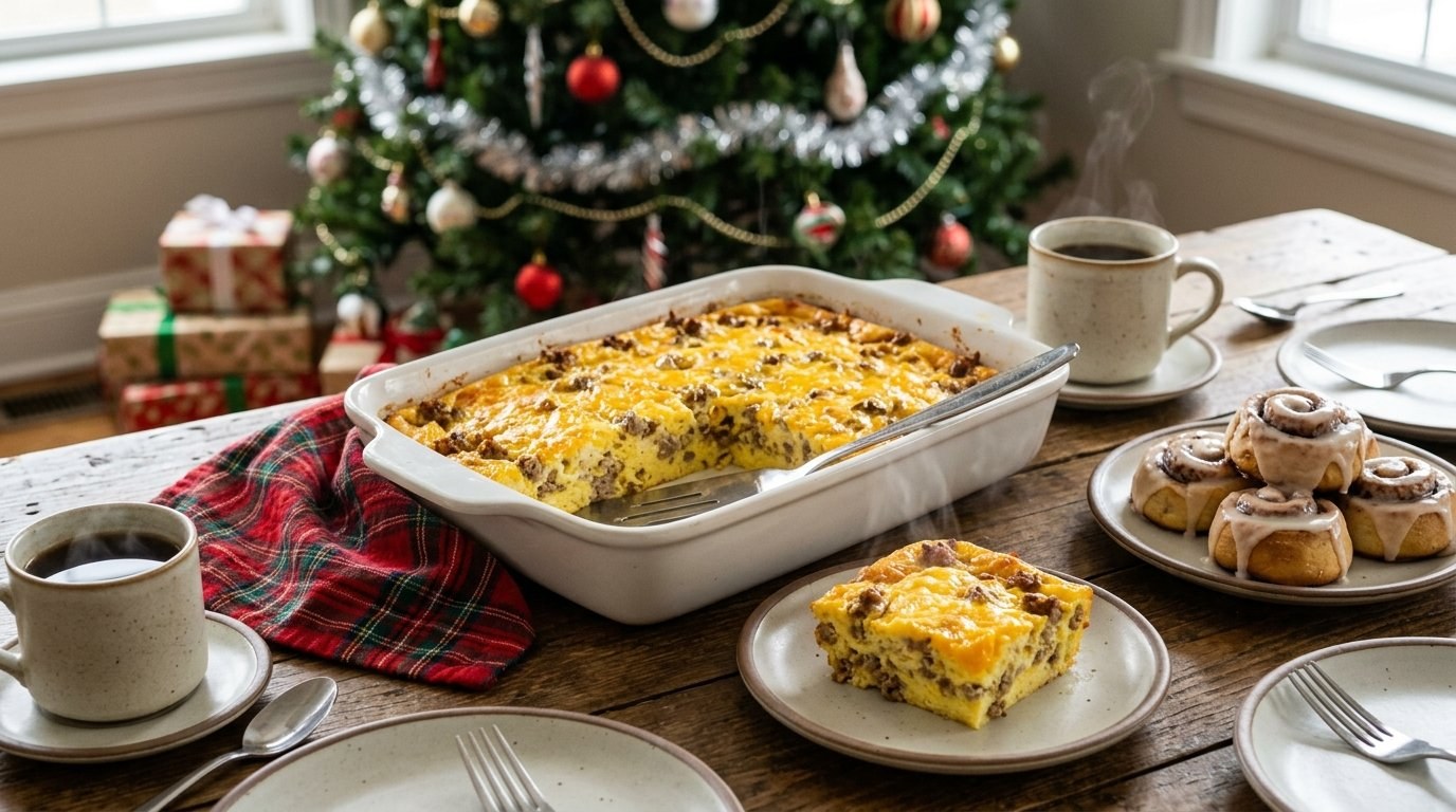 Christmas breakfast casseroles: golden sausage, egg and cheese casserole on a holiday breakfast table