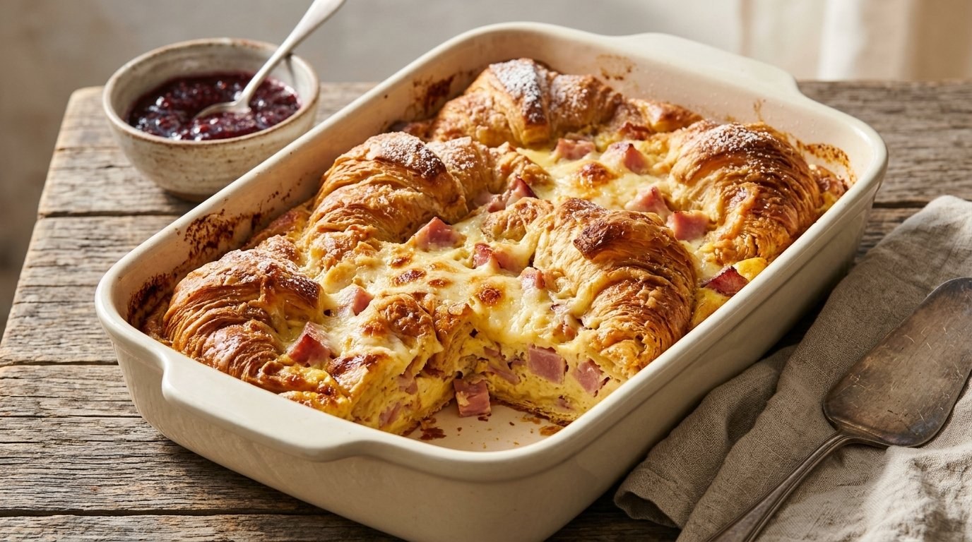 Christmas breakfast casseroles: ham and Swiss croissant bake with raspberry jam