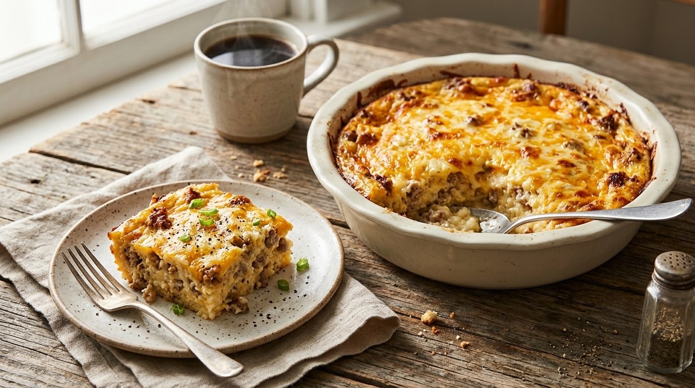 Christmas breakfast casseroles: cheesy grits and sausage bake with coffee