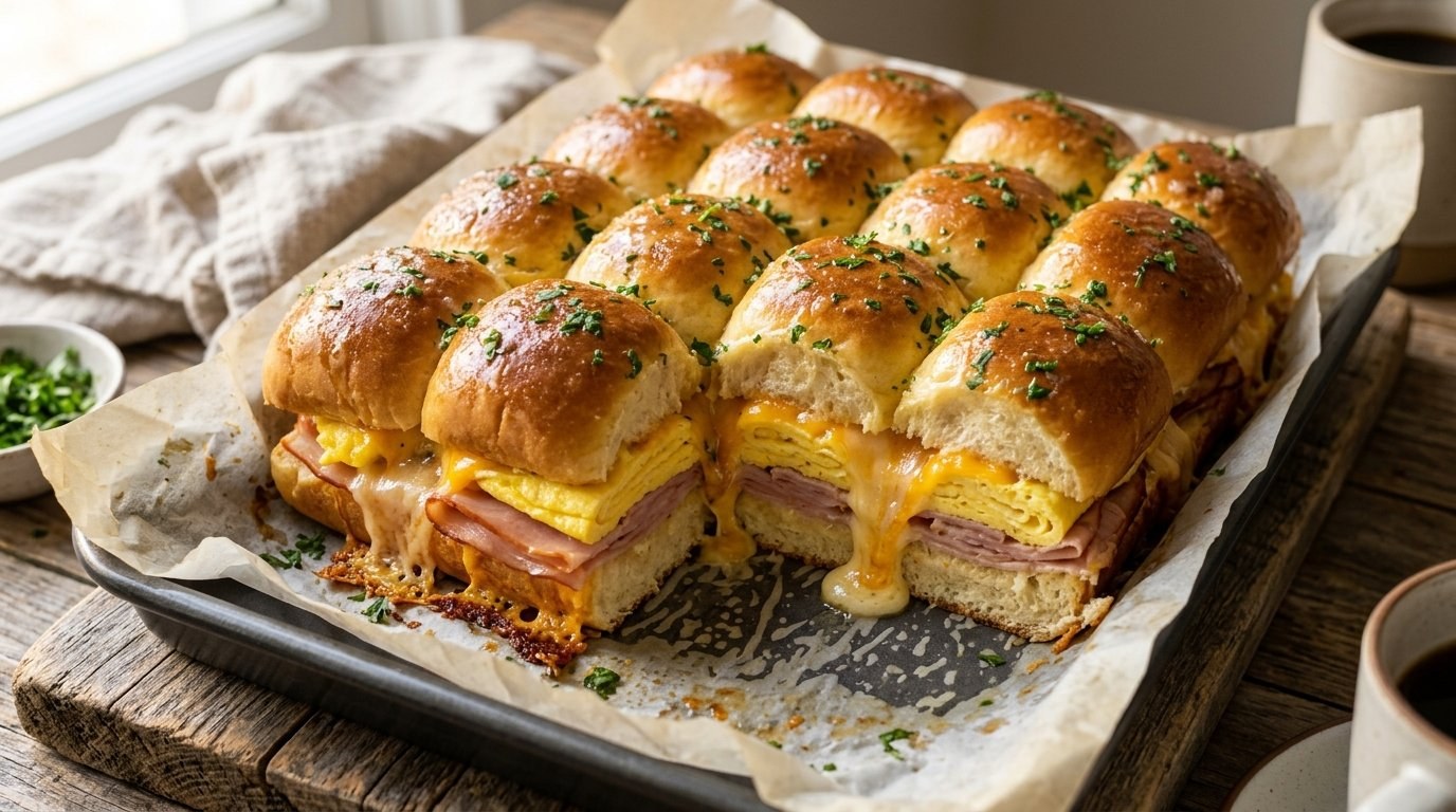 Ham, egg and cheese breakfast sliders on sweet rolls