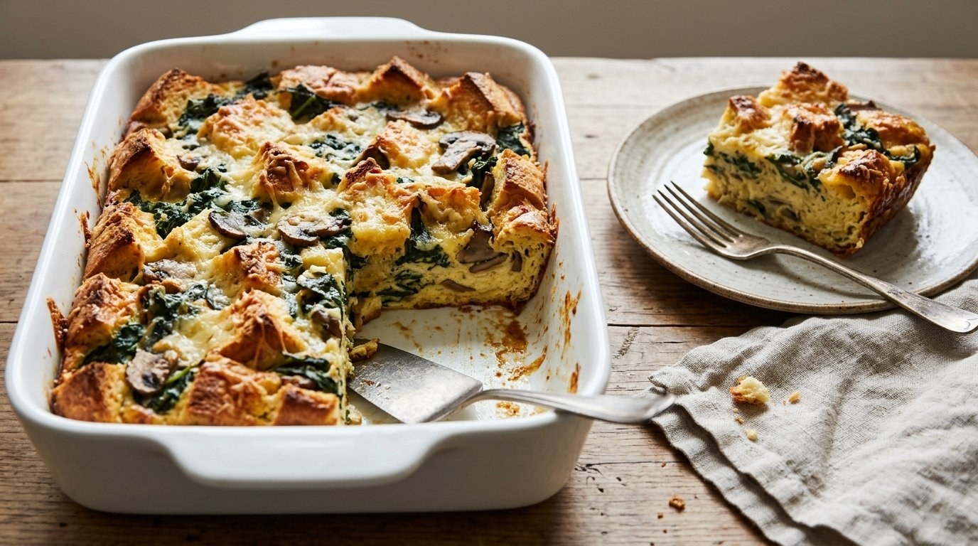 Spinach, mushroom and Gruyere bread strata in a white baking dish
