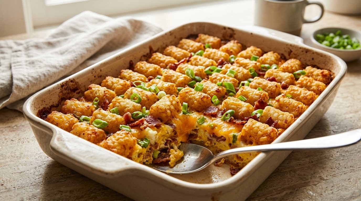 Christmas breakfast casseroles: bacon and tater tot egg bake with green onions
