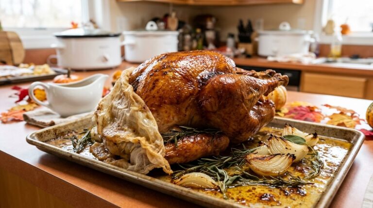 Thanksgiving kitchen hacks: golden roast turkey with butter-soaked cheesecloth peeled back