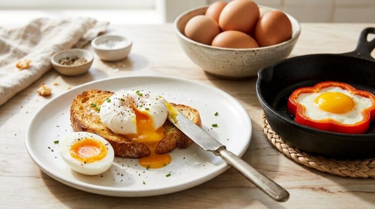 Egg hacks: poached egg on toast cut open with a runny yolk, jammy egg and flower egg