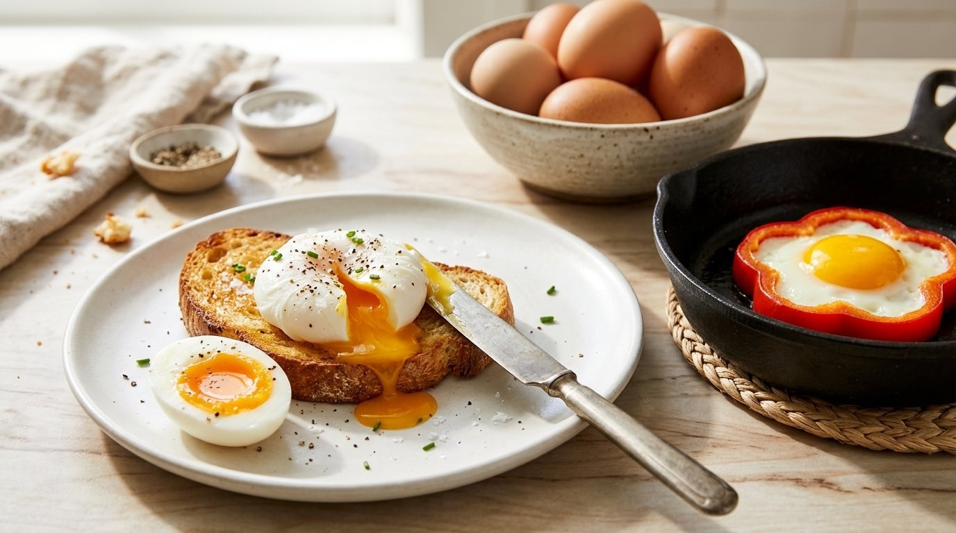 Egg hacks: poached egg on toast cut open with a runny yolk, jammy egg and flower egg