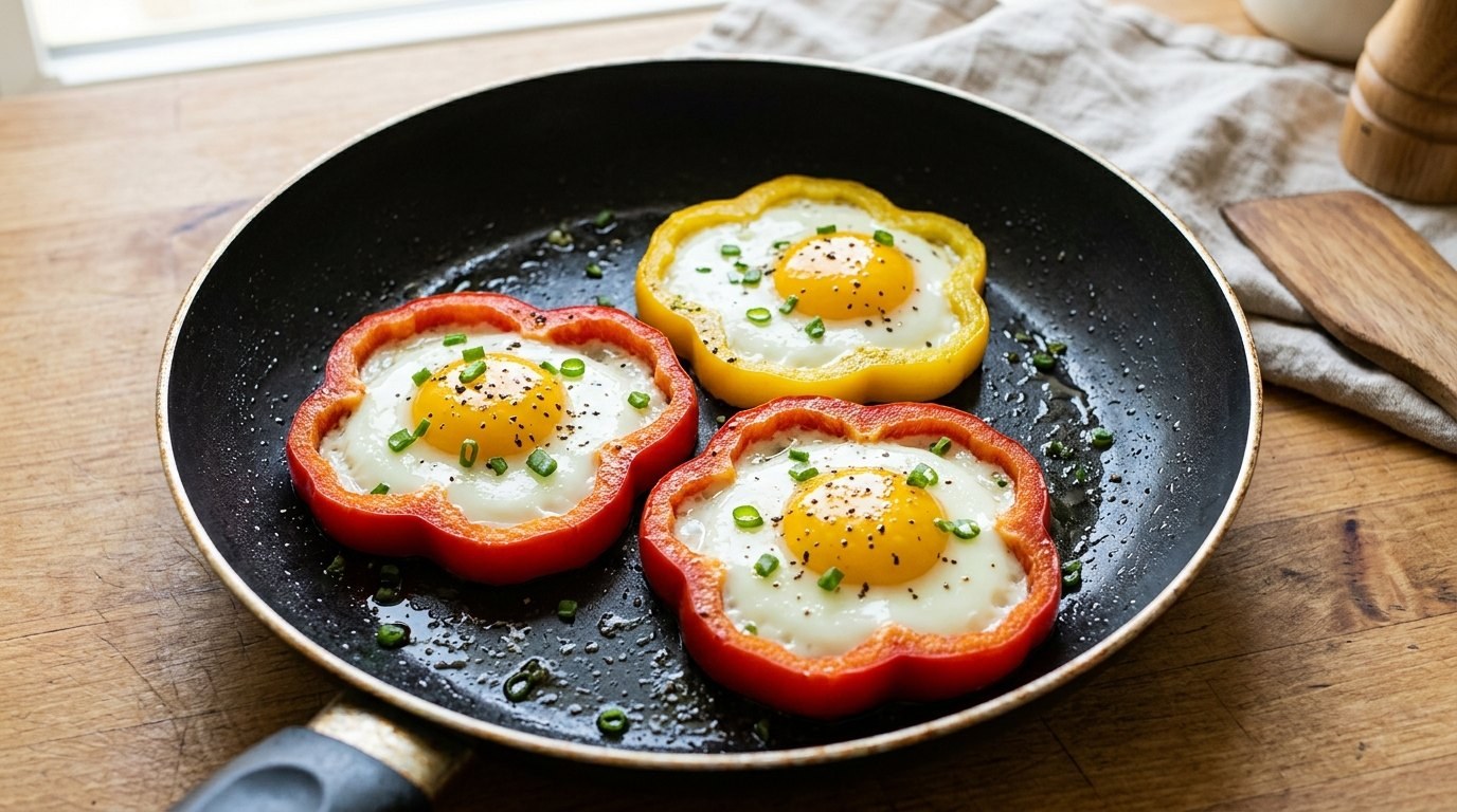 Egg hacks: flower-shaped fried eggs in bell pepper rings