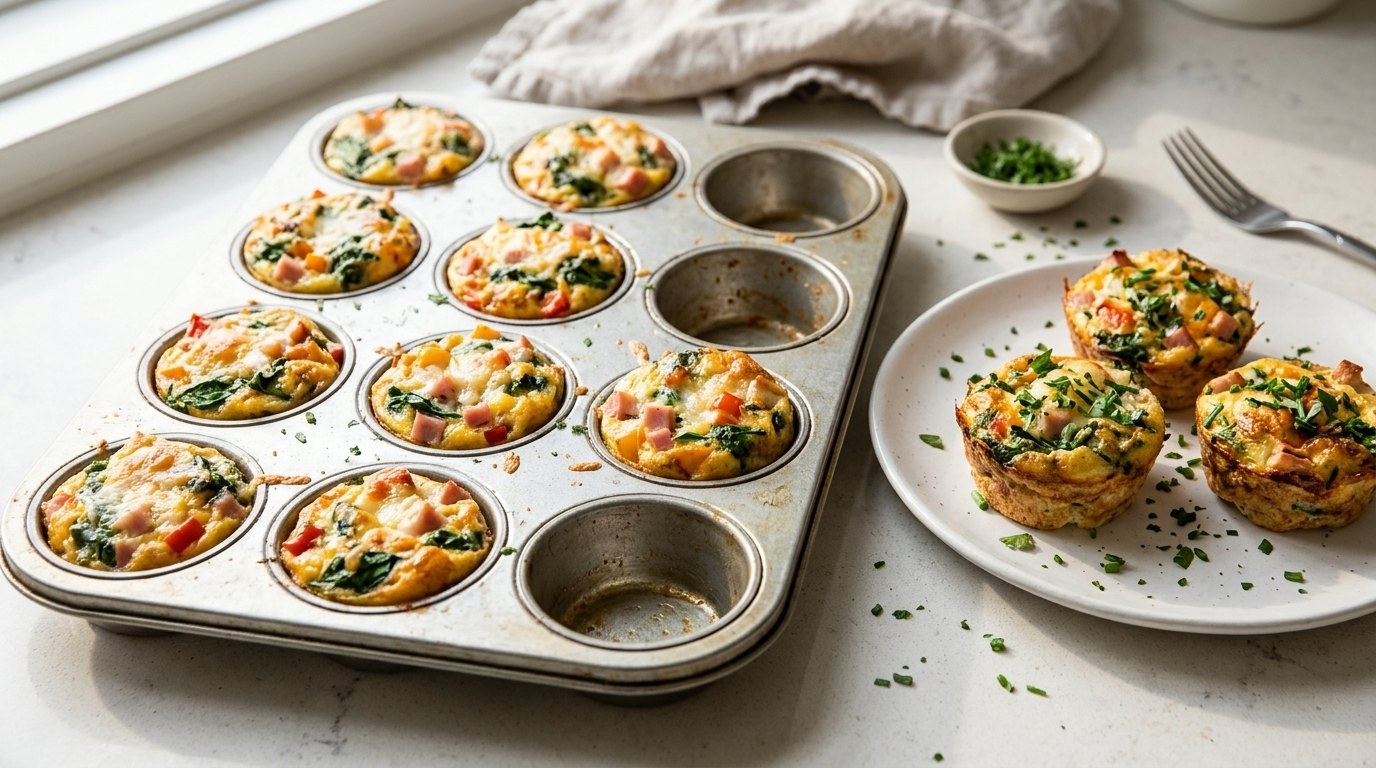 Egg hacks: baked egg cups with spinach and ham in a muffin tin
