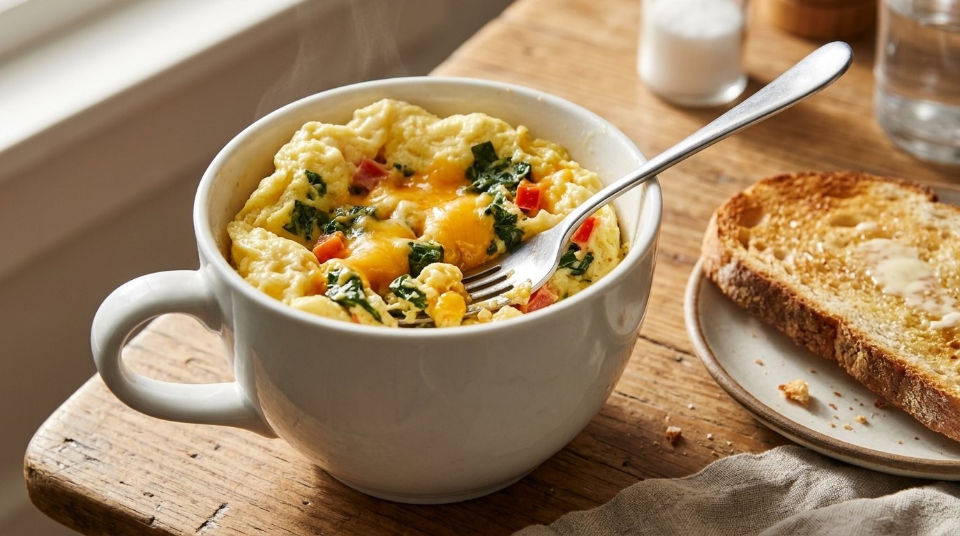 Microwave scramble in a mug with cheese and spinach
