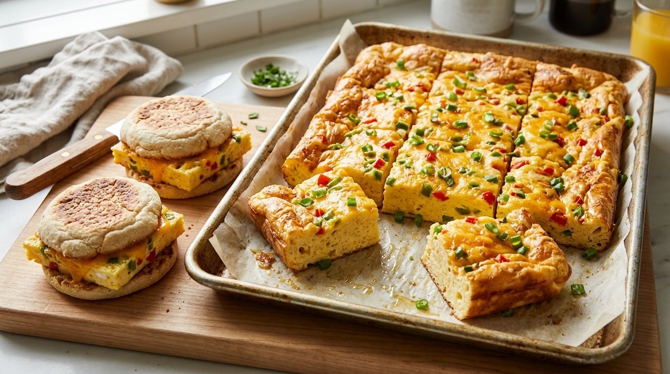 Egg hacks: sheet pan eggs cut into squares for breakfast sandwiches