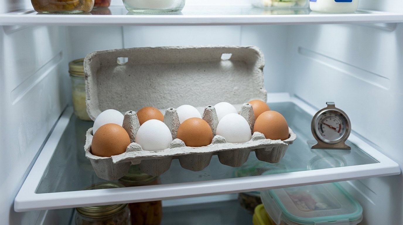 A dozen in their carton on a refrigerator shelf next to a thermometer