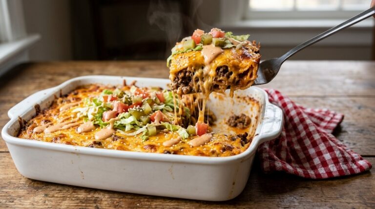 Cheeseburger casserole with melted cheddar, pickles, lettuce and tomato, one square lifted