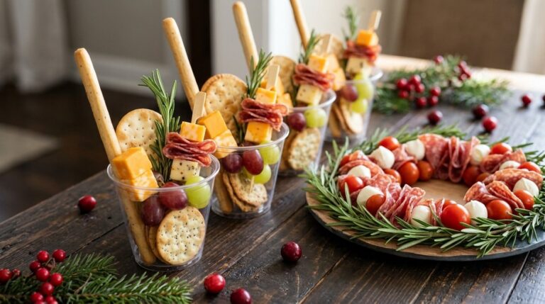 Charcuterie party bites: charcuterie cups with salami, cheese and grapes beside a salami wreath