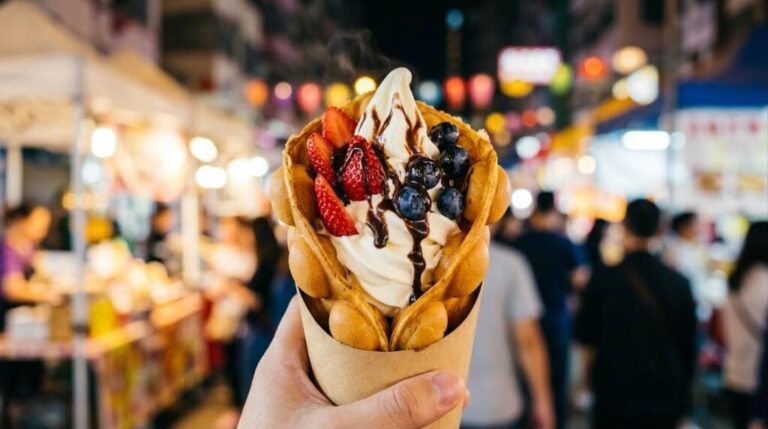 Bucket list desserts: Hong Kong bubble egg waffle cone with soft serve and berries