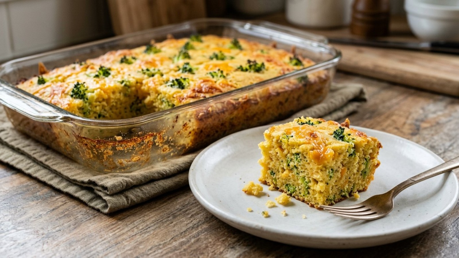 Broccoli and cheddar squares in a glass baking dish with one square on a plate