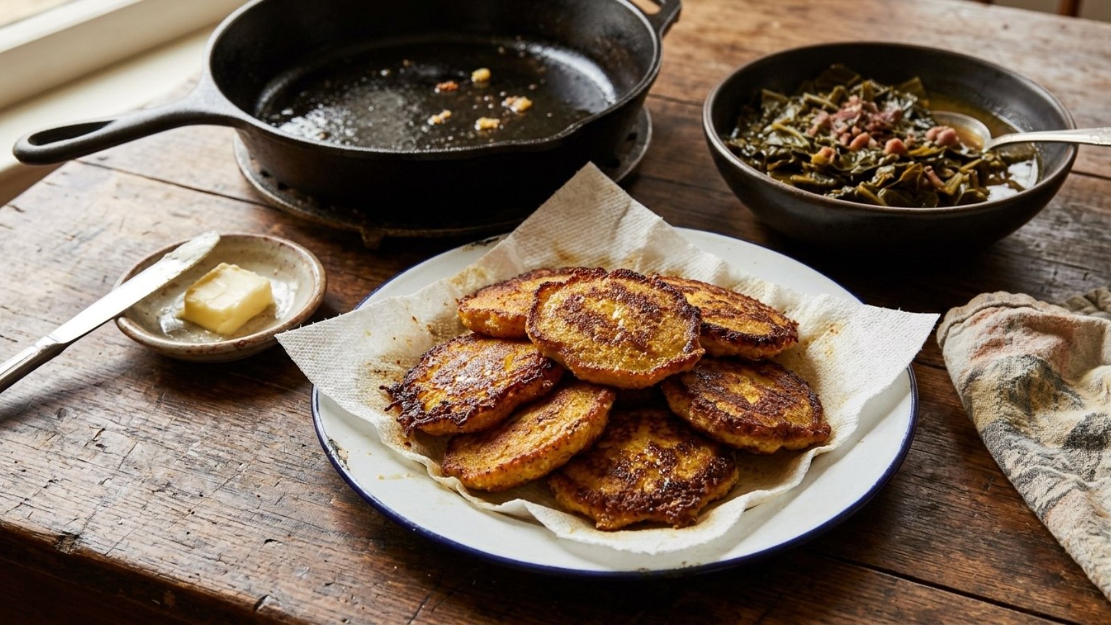 Hot water patties fried golden and stacked on a plate with butter