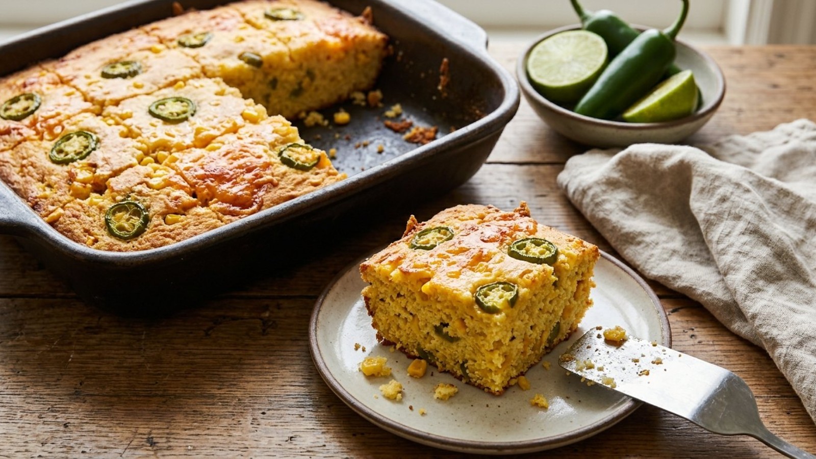 Mexican-style squares with corn kernels, jalapeno rings and melted cheddar