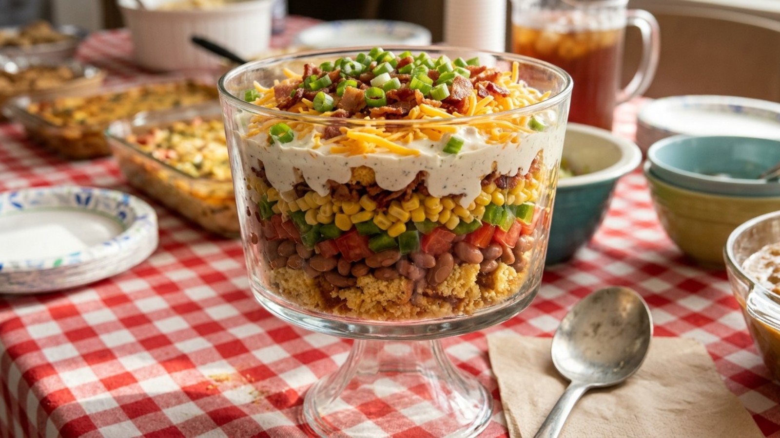 Cornbread recipes for potlucks: a layered cornbread salad in a glass trifle bowl