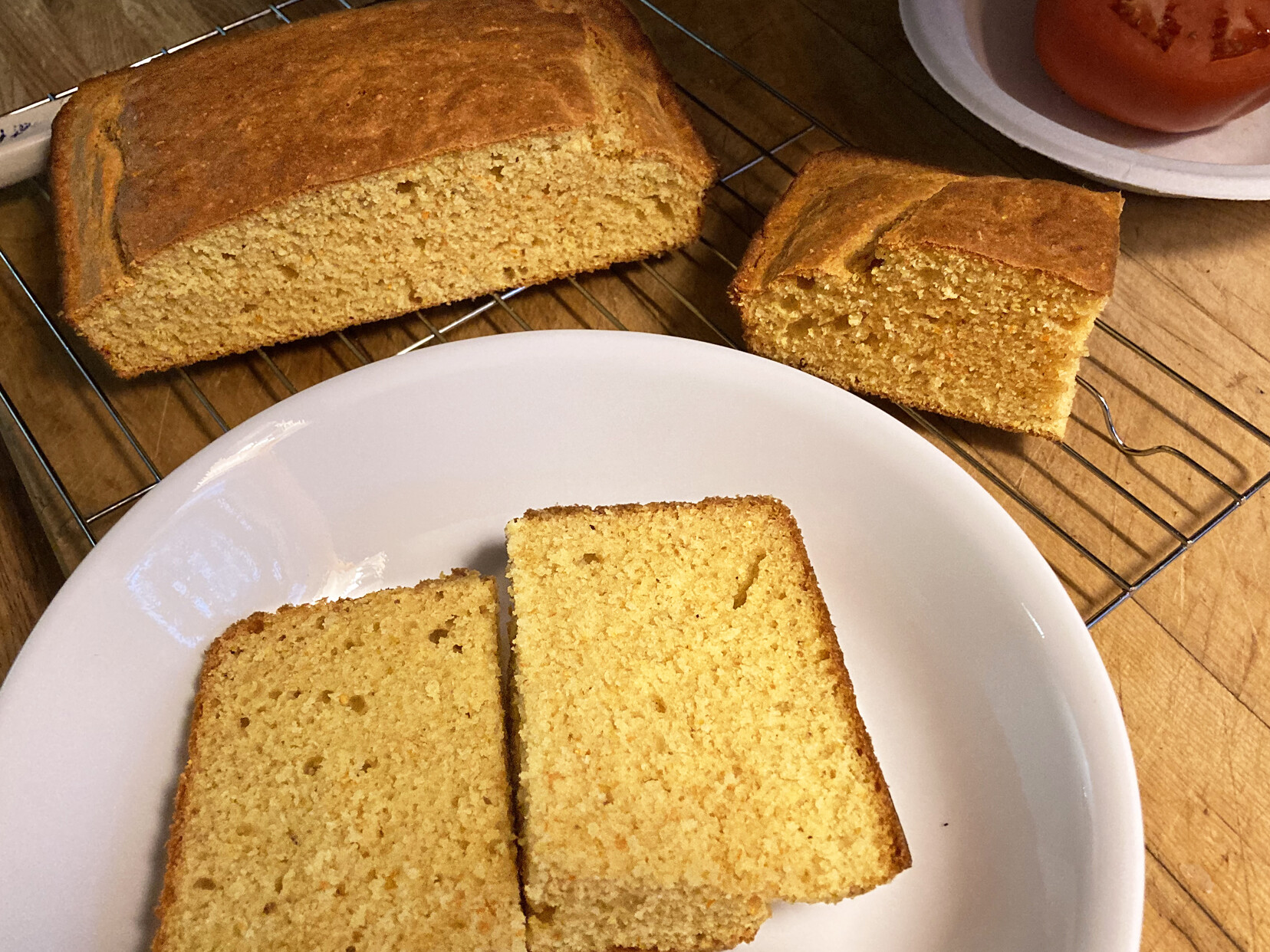 Cornbread recipes: squares of sweet yellow Northern-style cornbread on a plate